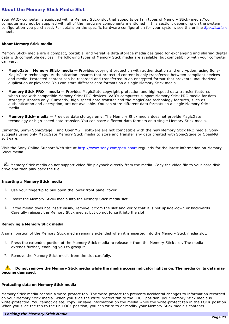 About the memory stick media slot | Sony PCV-RS412 User Manual | Page 72 / 146
