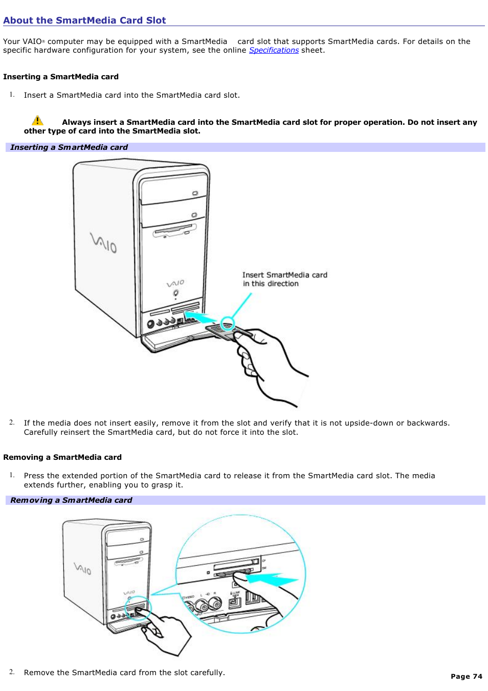About the smartmedia card slot | Sony PCV-RS412 User Manual | Page 74 / 146