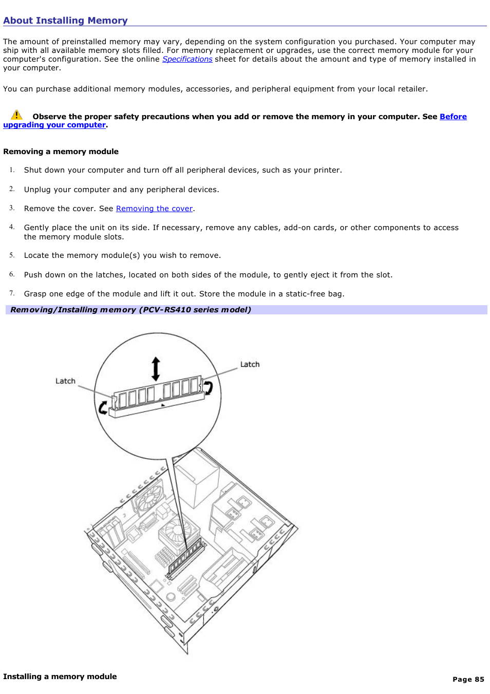 About installing memory | Sony PCV-RS412 User Manual | Page 85 / 146