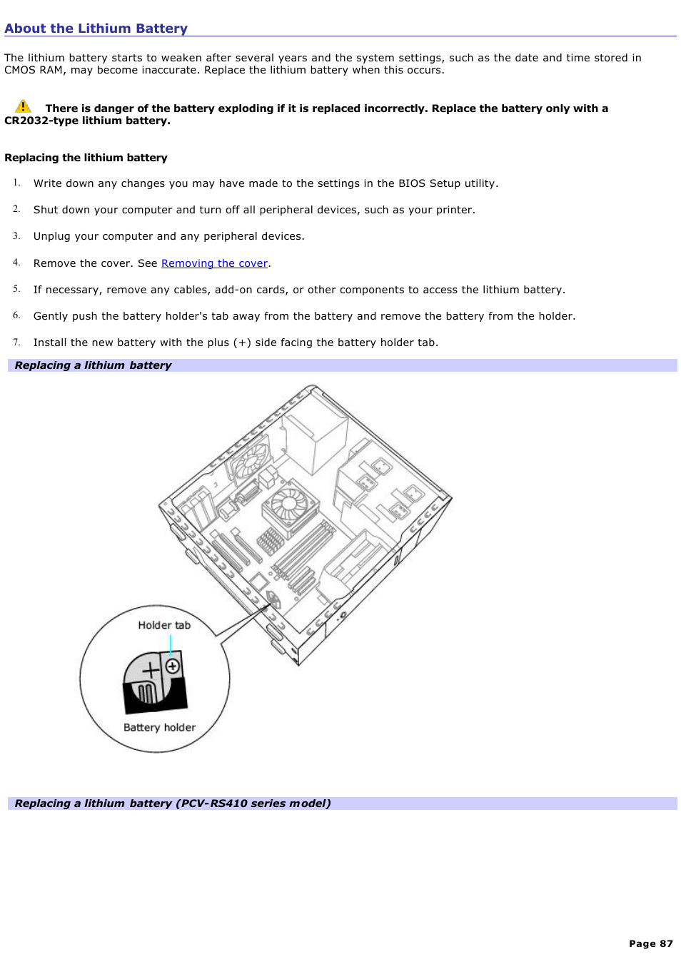 About the lithium battery | Sony PCV-RS412 User Manual | Page 87 / 146