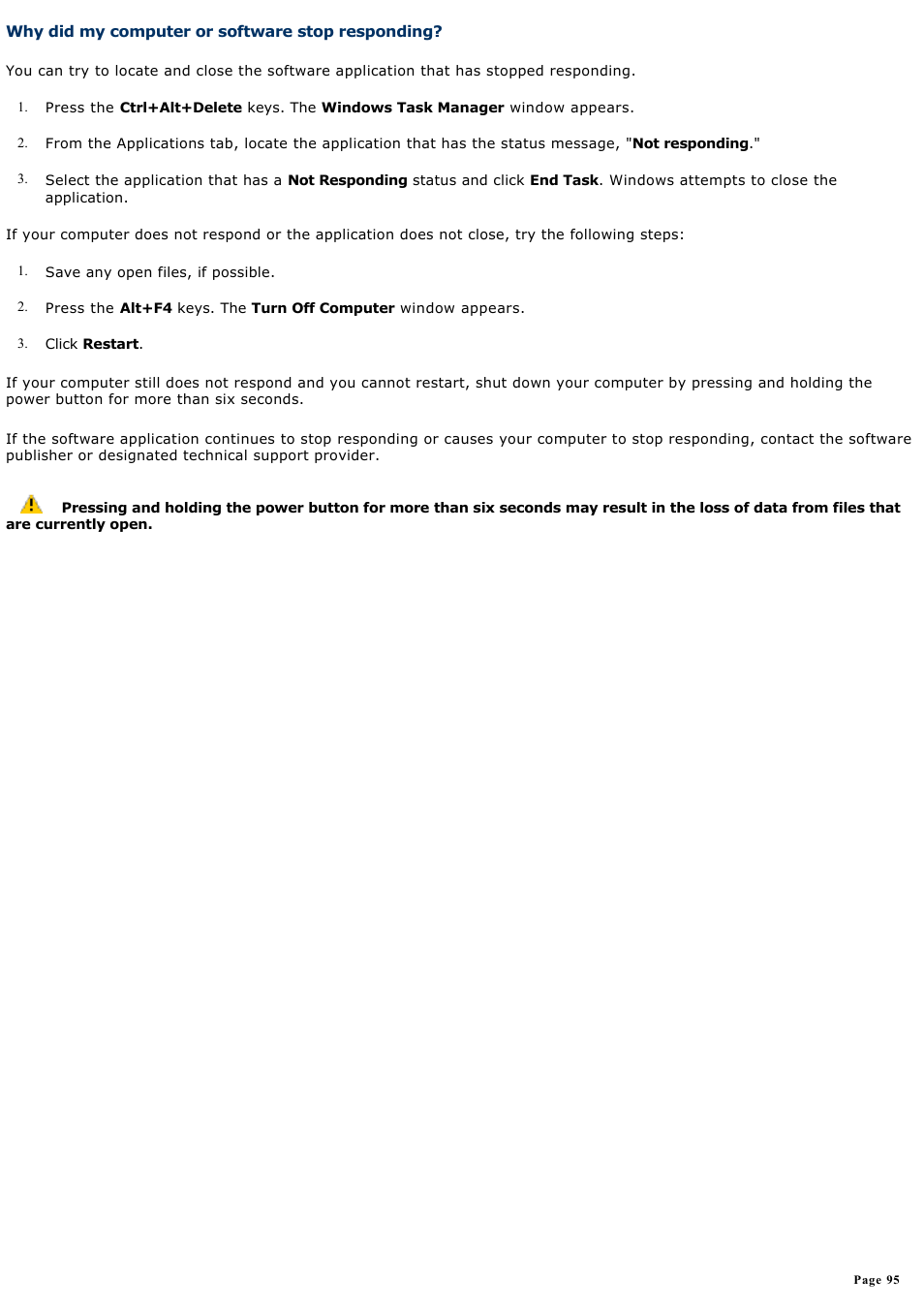 Why did my computer or software stop responding | Sony PCV-RS412 User Manual | Page 95 / 146