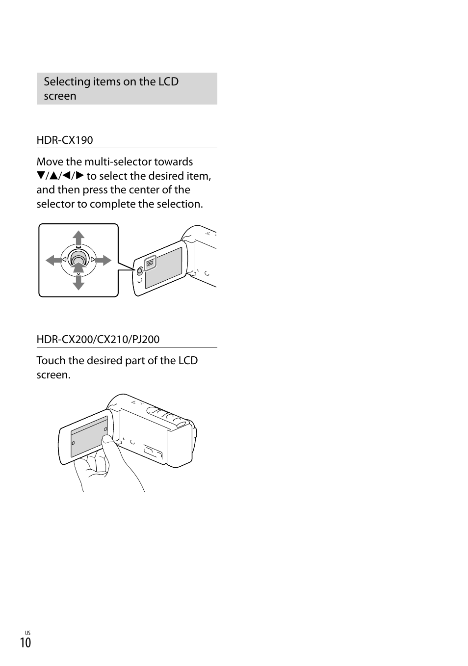 Selecting items on the lcd screen | Sony HDR-CX190 User Manual | Page 10 / 155