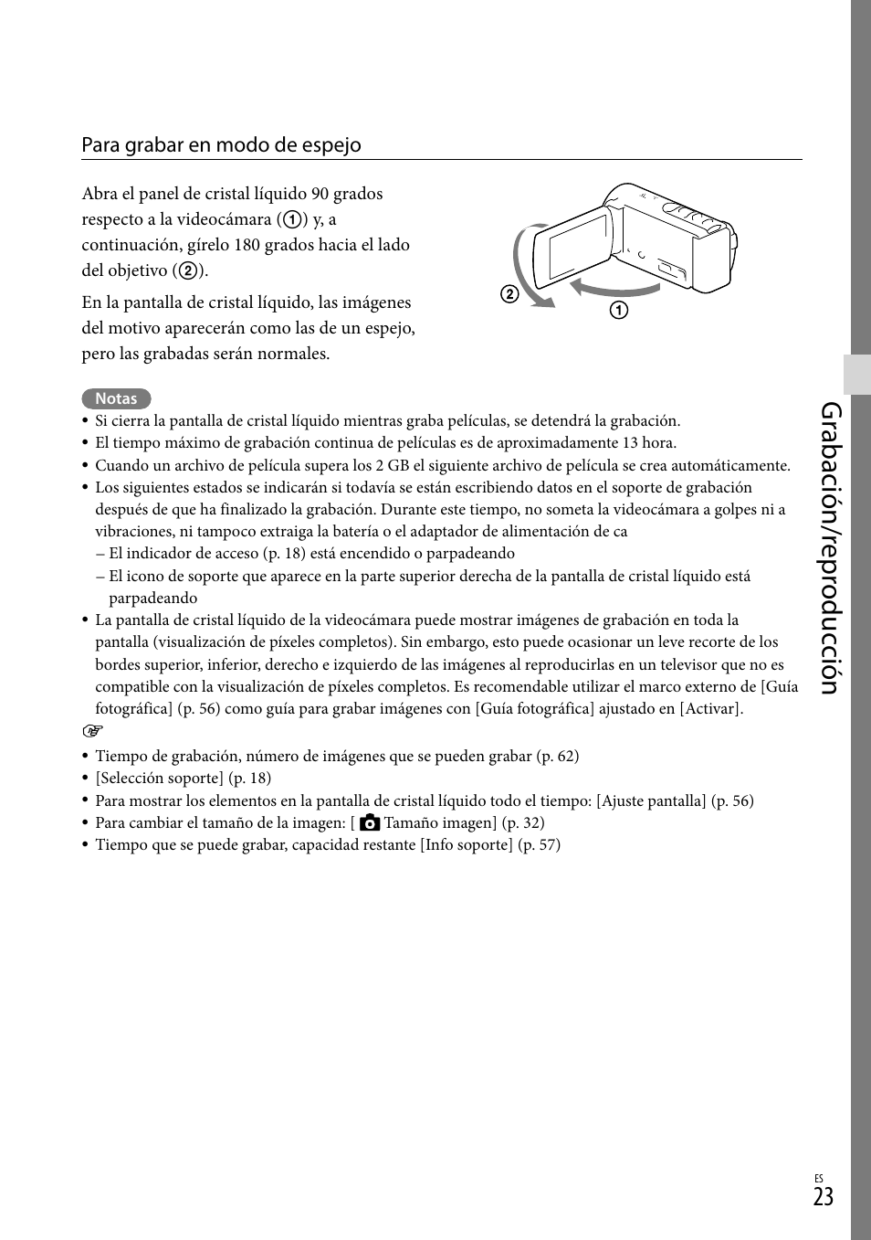 Gr abación/r epr oduc ción, Para grabar en modo de espejo | Sony HDR-CX190 User Manual | Page 101 / 155