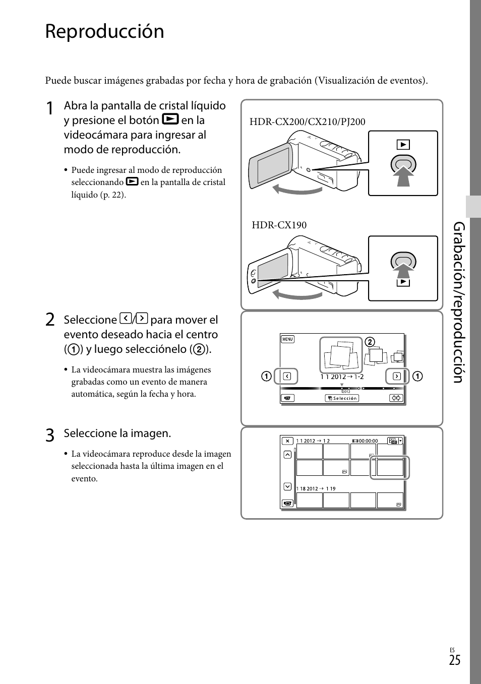 Reproducción, Es (25), Gr abación/r epr oduc ción | Sony HDR-CX190 User Manual | Page 103 / 155