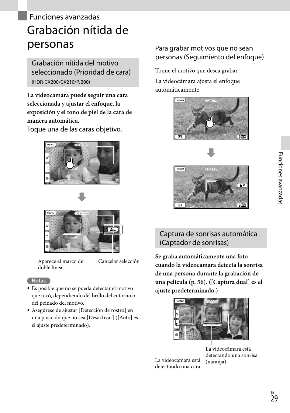 Funciones avanzadas, Grabación nítida de personas | Sony HDR-CX190 User Manual | Page 107 / 155