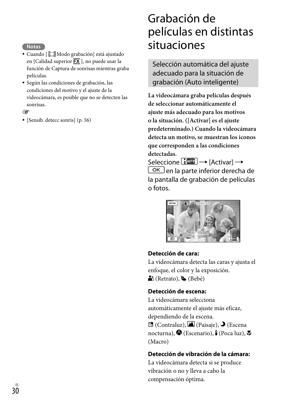 Grabación de películas en distintas situaciones, Auto inteligente), E (30) | Sony HDR-CX190 User Manual | Page 108 / 155