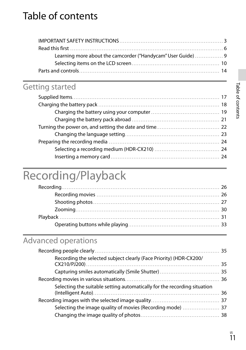 Sony HDR-CX190 User Manual | Page 11 / 155