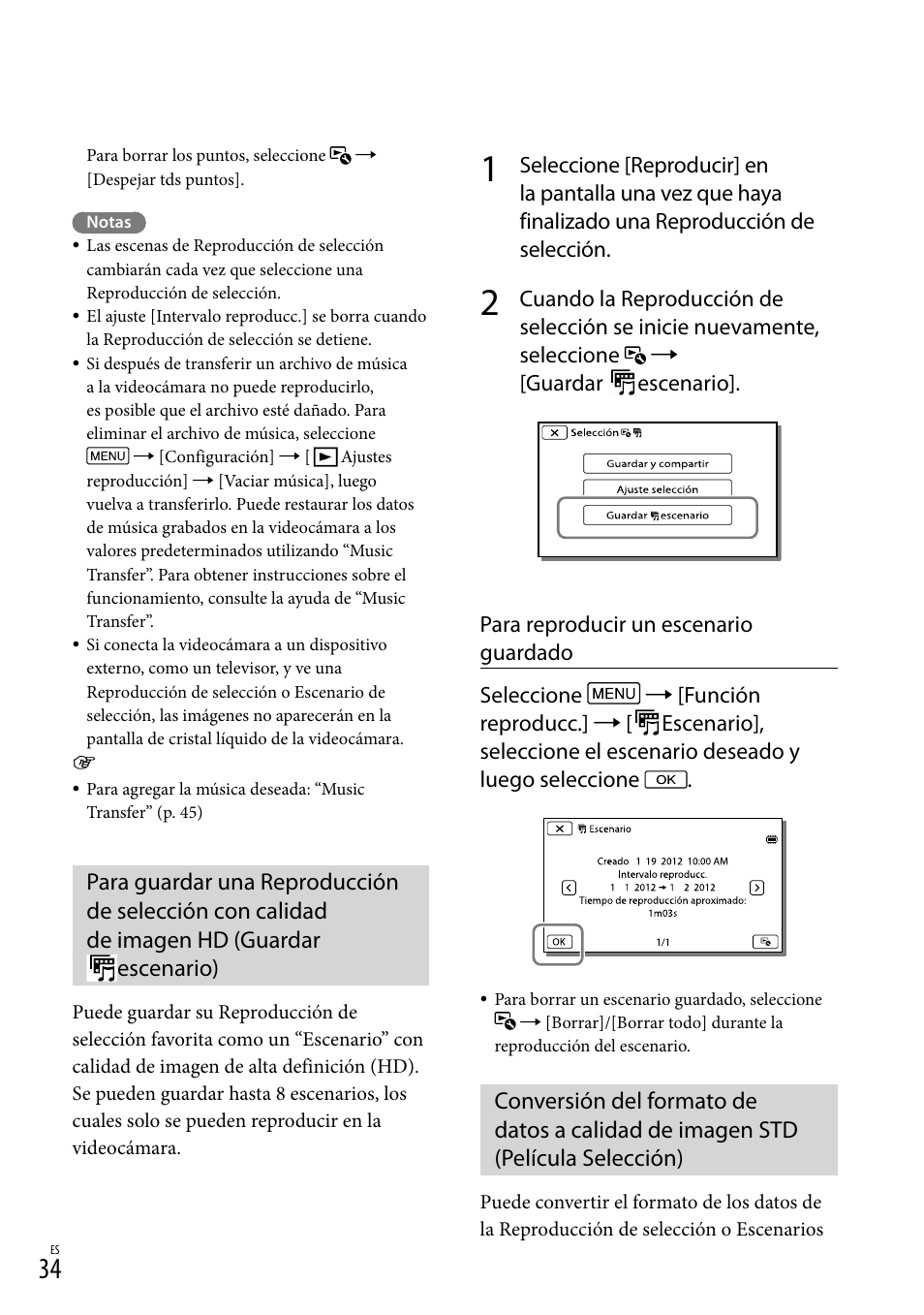 Guardar, Escenario), Selección) | Sony HDR-CX190 User Manual | Page 112 / 155