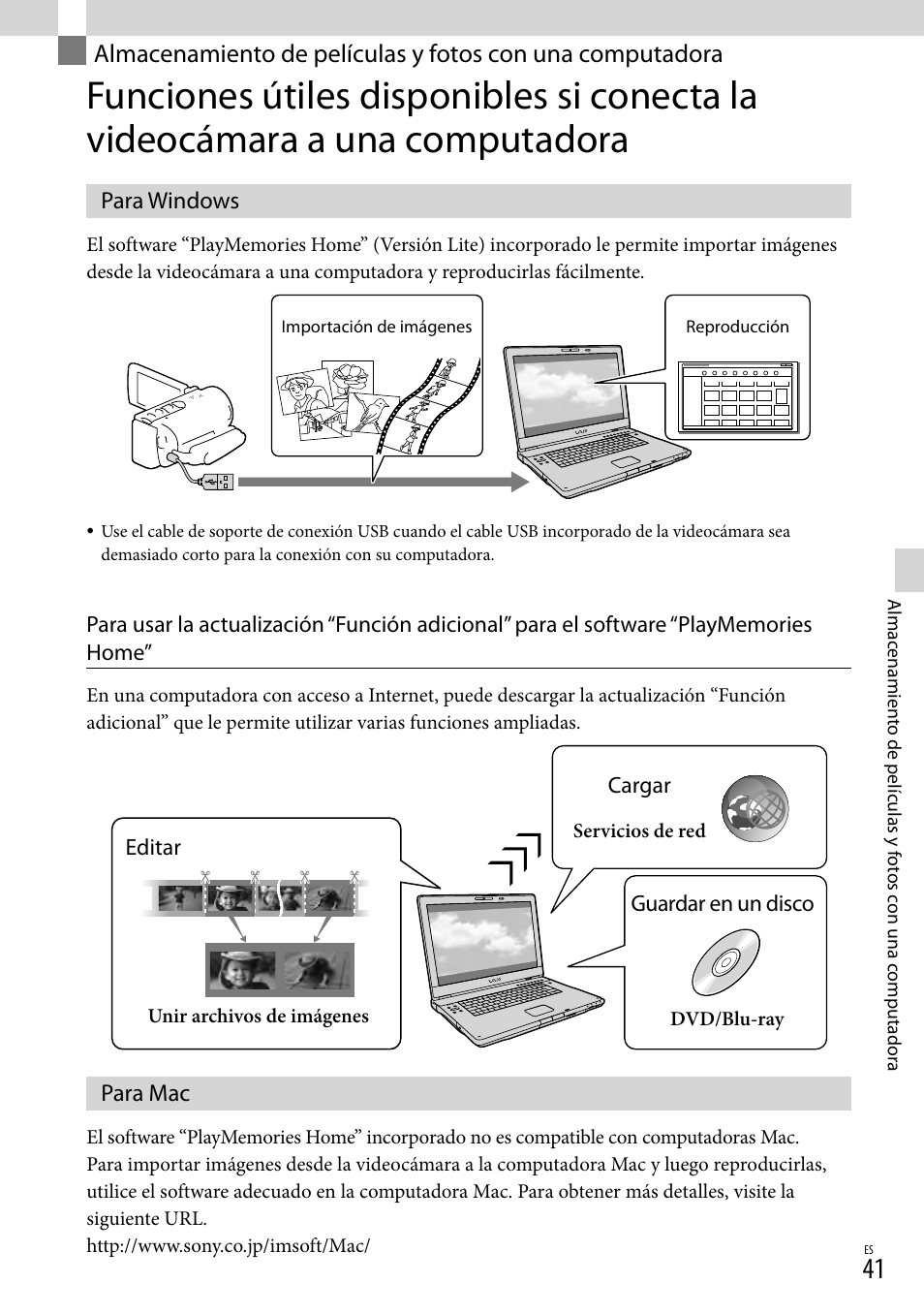 Para windows, Para mac, Almacenamiento de películas y fotos con una | Computadora, Para windows para mac | Sony HDR-CX190 User Manual | Page 119 / 155