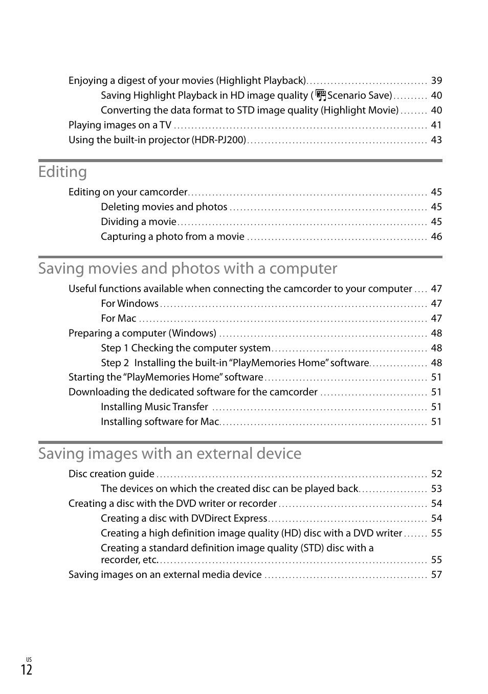 Editing, Saving movies and photos with a computer, Saving images with an external device | Sony HDR-CX190 User Manual | Page 12 / 155