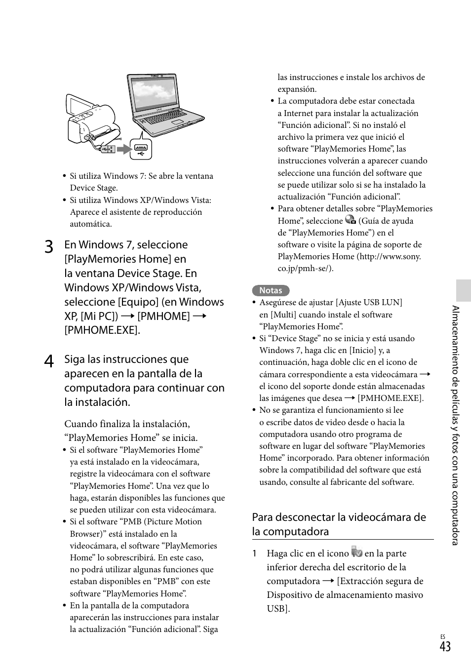 Para desconectar la videocámara de la computadora | Sony HDR-CX190 User Manual | Page 121 / 155