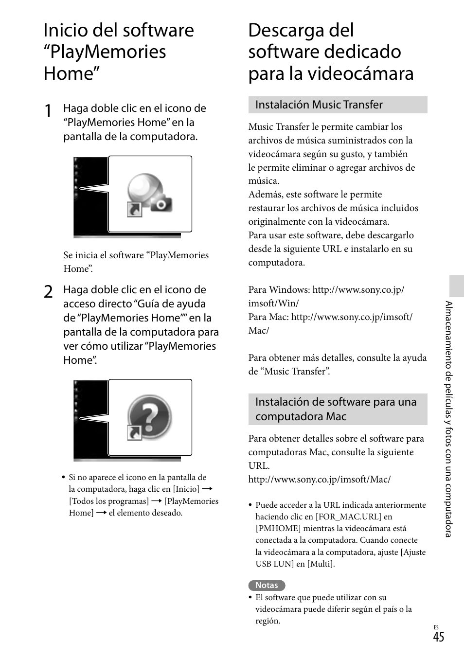 Inicio del software “playmemories home, Descarga del software dedicado para la videocámara, Instalación music transfer | Instalación de software para una computadora mac | Sony HDR-CX190 User Manual | Page 123 / 155