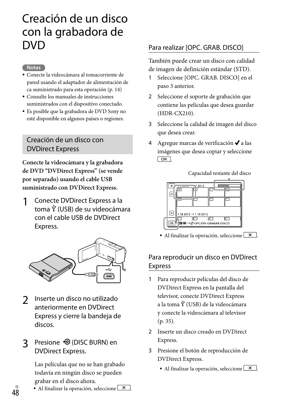 Creación de un disco con la grabadora de dvd, Creación de un disco con dvdirect express, Usb) (48, 51) | Sony HDR-CX190 User Manual | Page 126 / 155