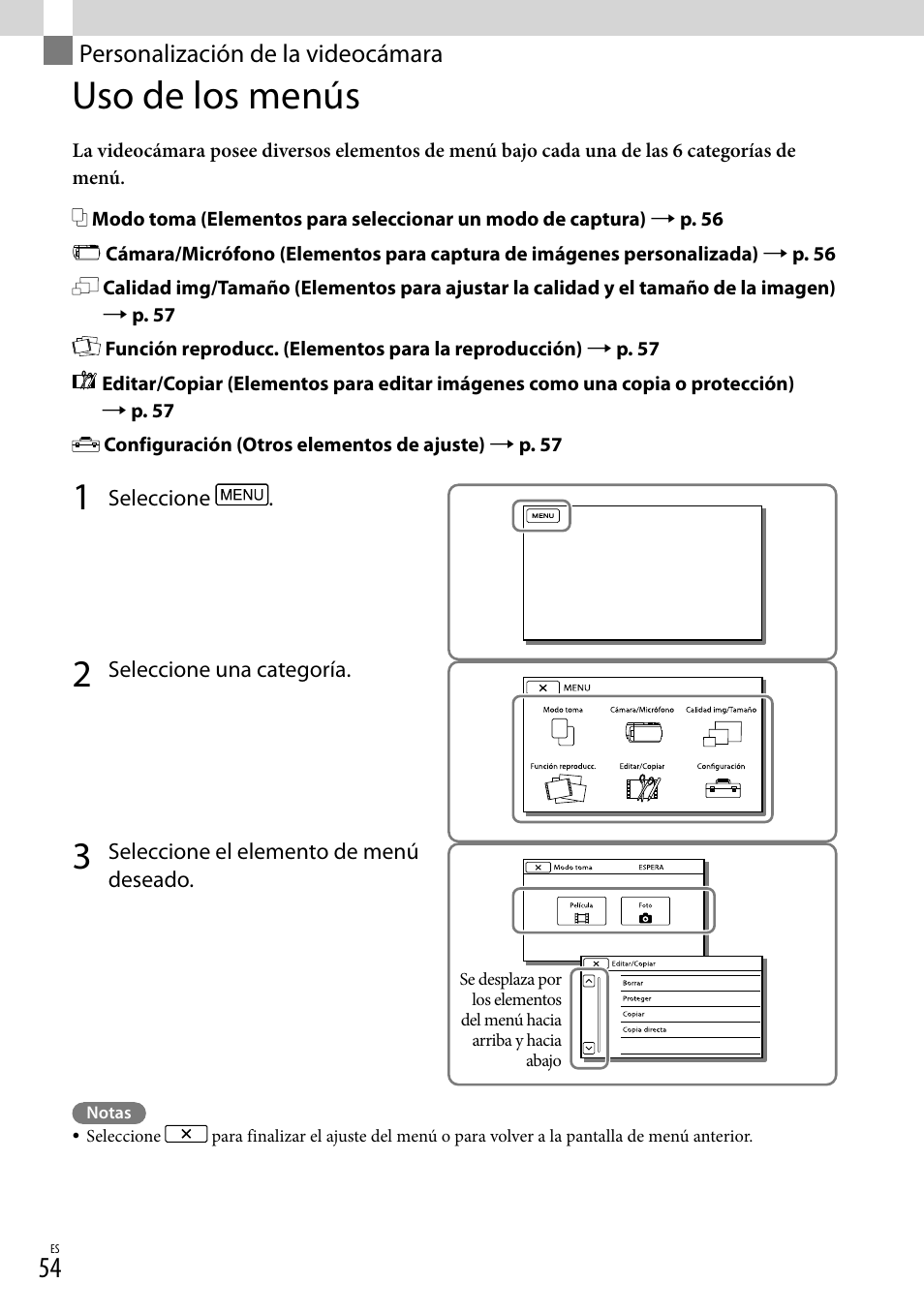 Personalización de la videocámara, Uso de los menús, N menu (54) | Sony HDR-CX190 User Manual | Page 132 / 155