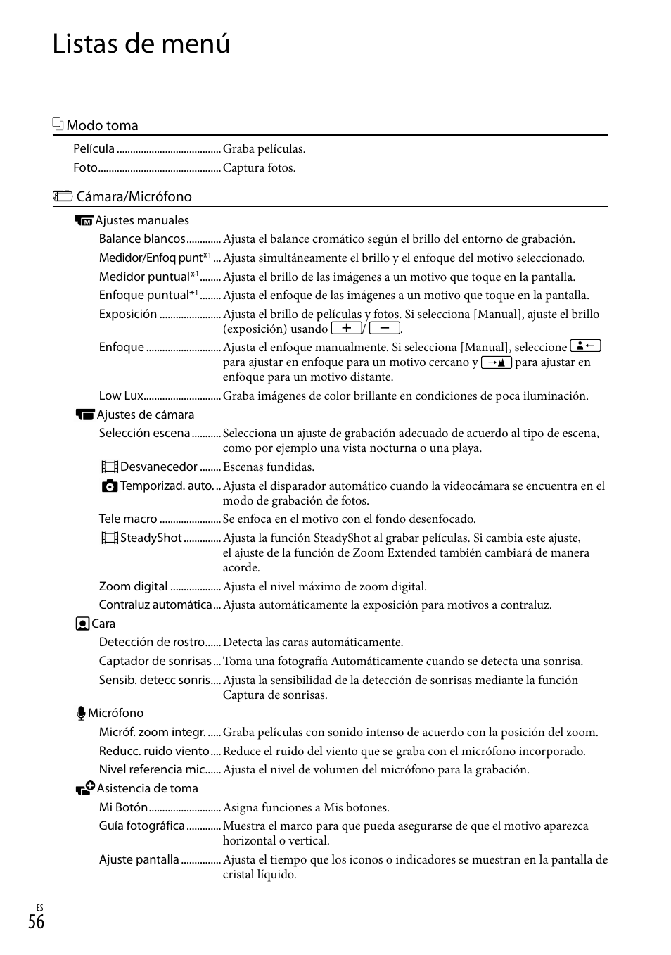 Listas de menú, A) (56), 56) co | Sony HDR-CX190 User Manual | Page 134 / 155