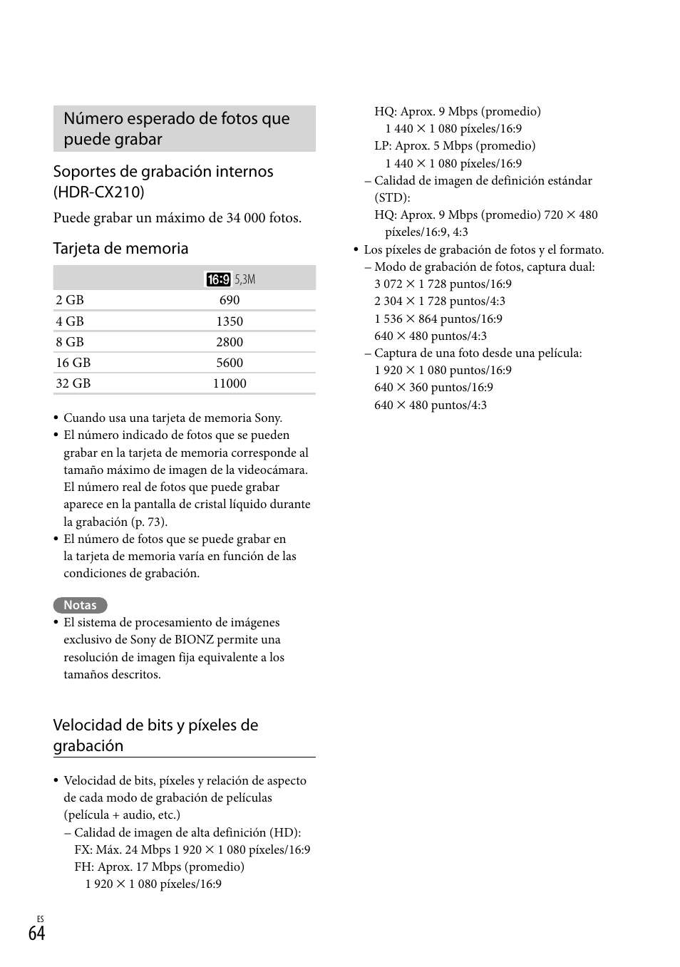 Número esperado de fotos que puede grabar, Soportes de grabación internos (hdr-cx210), Velocidad de bits y píxeles de grabación | Sony HDR-CX190 User Manual | Page 142 / 155