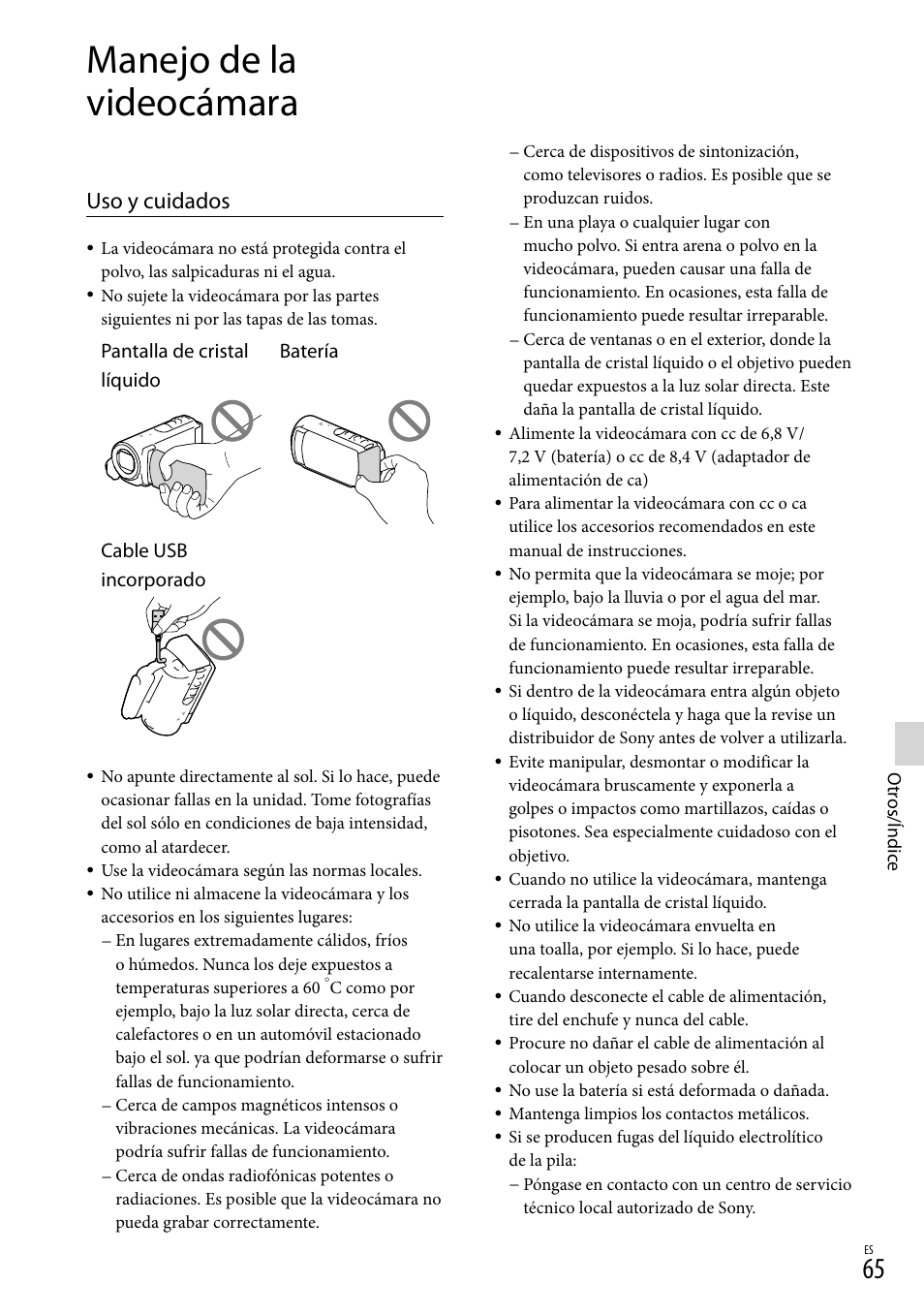 Manejo de la videocámara, Uso y cuidados | Sony HDR-CX190 User Manual | Page 143 / 155