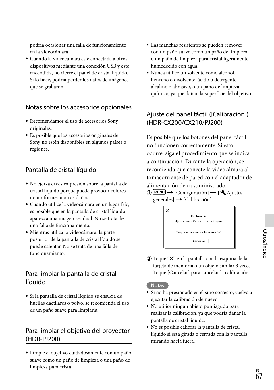 Notas sobre los accesorios opcionales, Pantalla de cristal líquido, Para limpiar la pantalla de cristal líquido | Para limpiar el objetivo del proyector (hdr-pj200) | Sony HDR-CX190 User Manual | Page 145 / 155