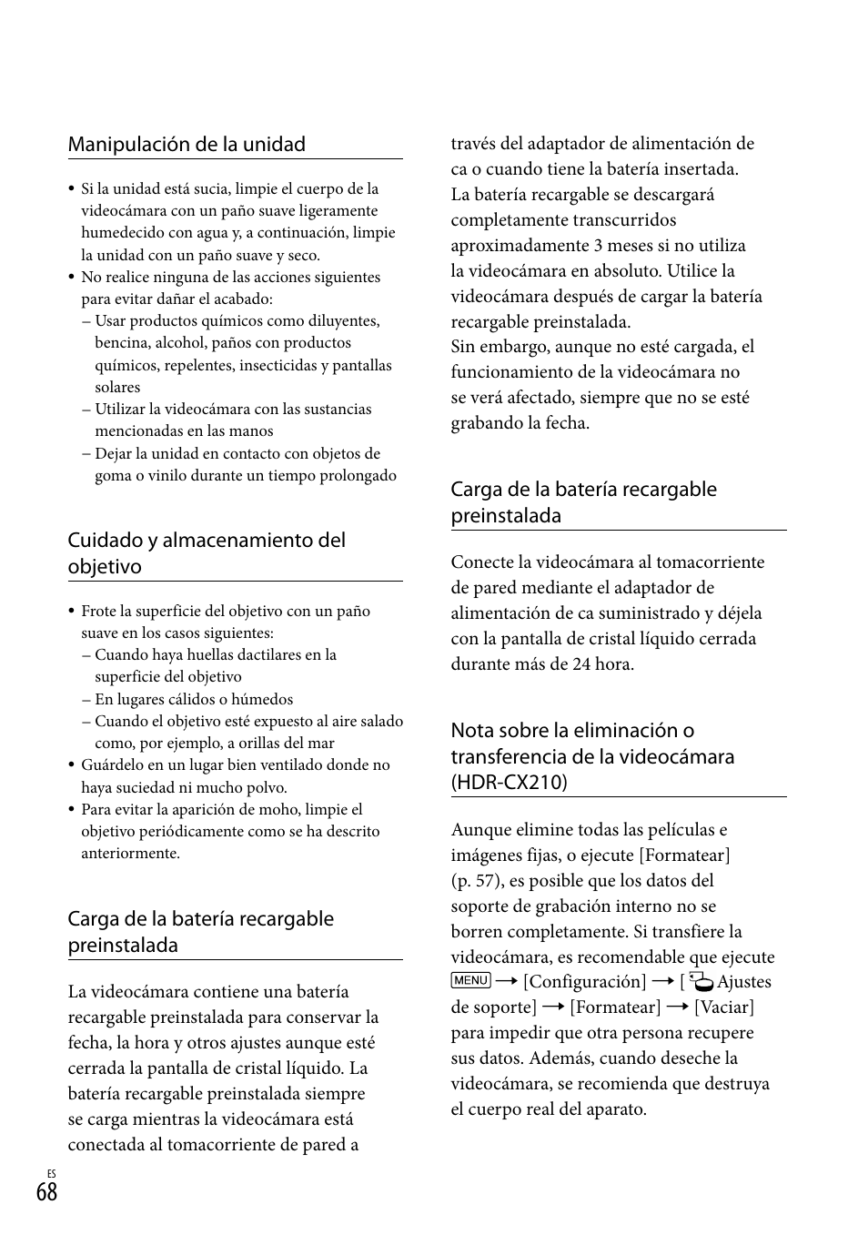 Manipulación de la unidad, Cuidado y almacenamiento del objetivo, Carga de la batería recargable preinstalada | Sony HDR-CX190 User Manual | Page 146 / 155