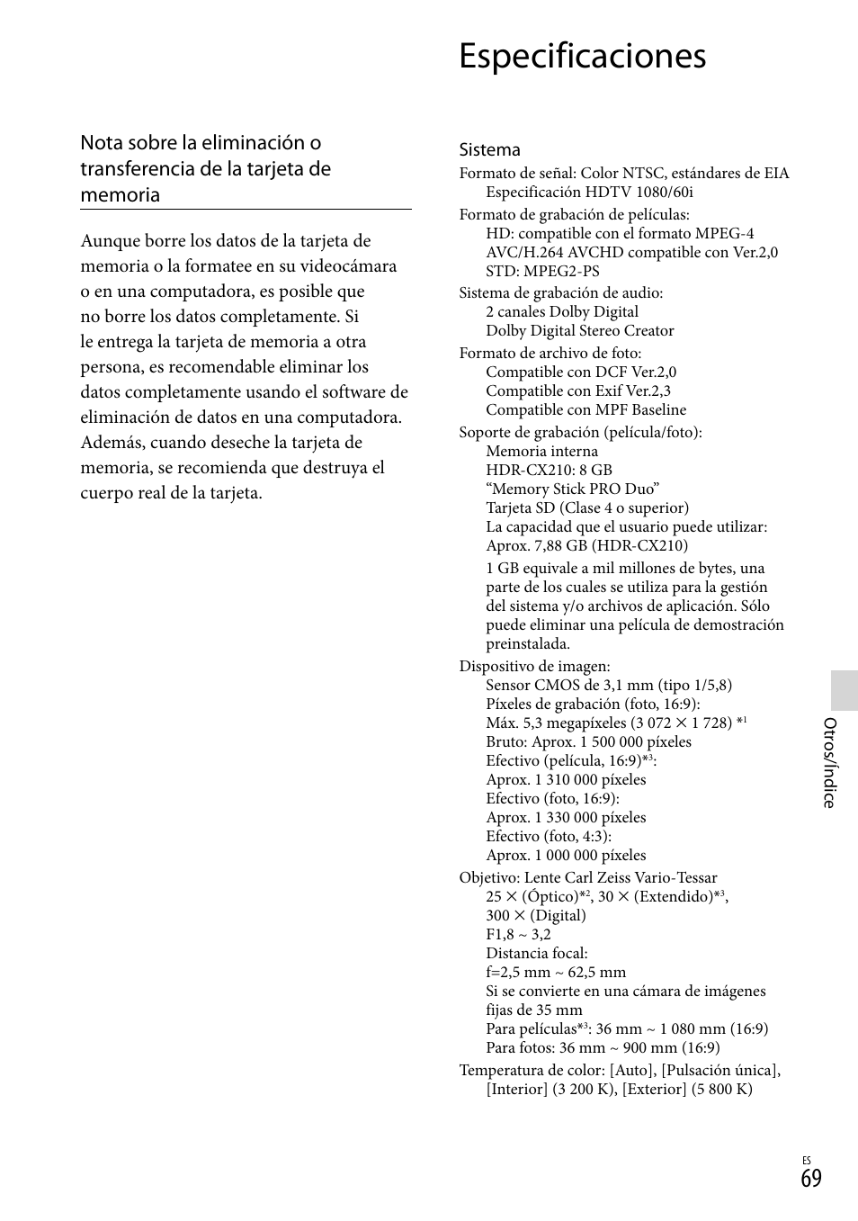 Especificaciones | Sony HDR-CX190 User Manual | Page 147 / 155