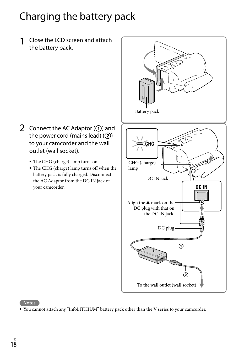 Charging the battery pack, Ge) lamp (18), Y pack (18) | Dc in jack (18) | Sony HDR-CX190 User Manual | Page 18 / 155