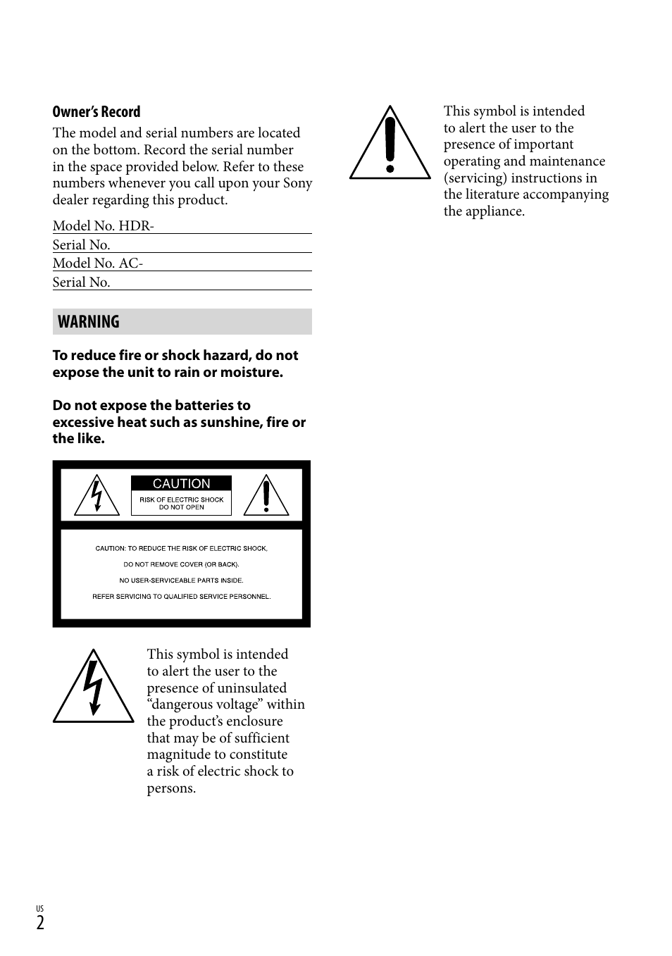 Warning | Sony HDR-CX190 User Manual | Page 2 / 155