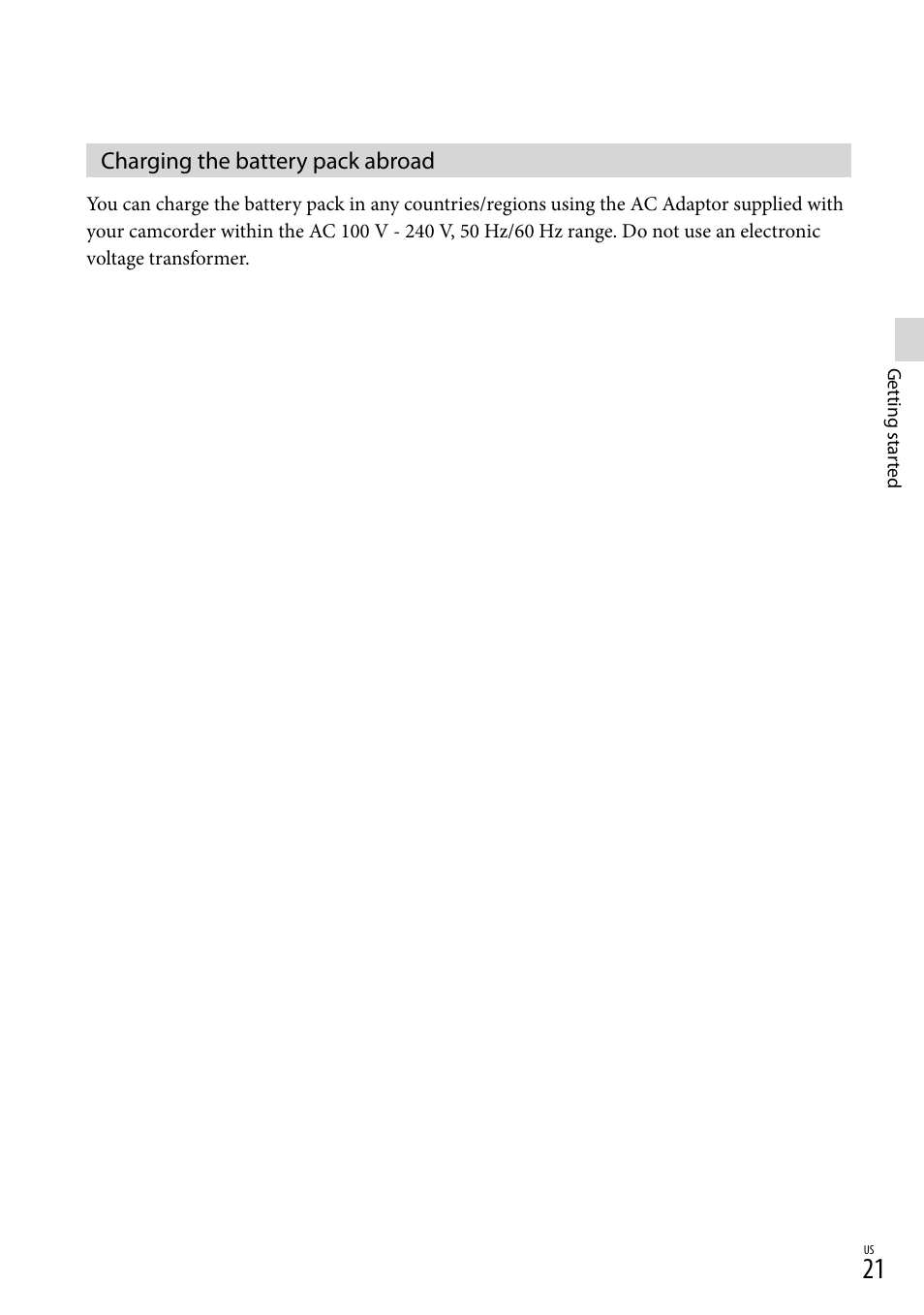 Charging the battery pack abroad, Ad (21) | Sony HDR-CX190 User Manual | Page 21 / 155