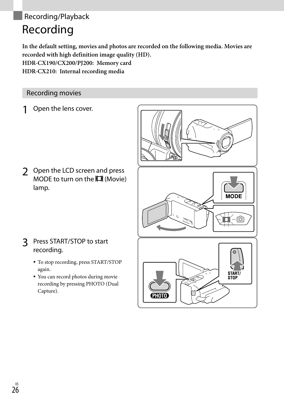 Recording/playback, Recording, Recording movies | 26) o, Lamp (26, 27), 26, 27) a | Sony HDR-CX190 User Manual | Page 26 / 155