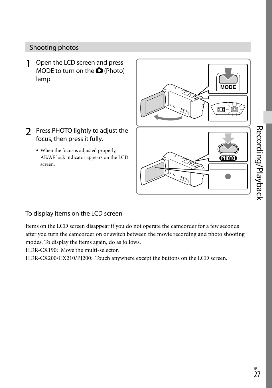 Shooting photos, On (27), Rec or ding/p la yback | Sony HDR-CX190 User Manual | Page 27 / 155