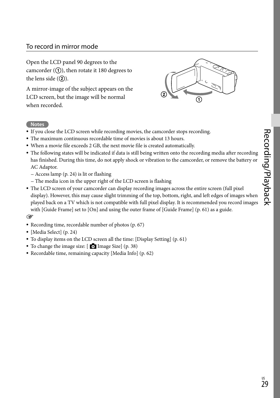 Rec or ding/p la yback | Sony HDR-CX190 User Manual | Page 29 / 155