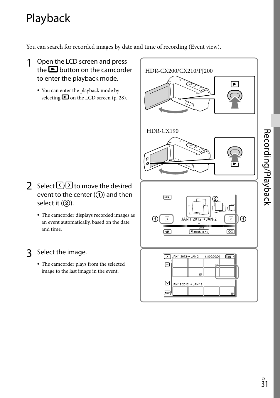 Playback, N (31), Rec or ding/p la yback | Sony HDR-CX190 User Manual | Page 31 / 155