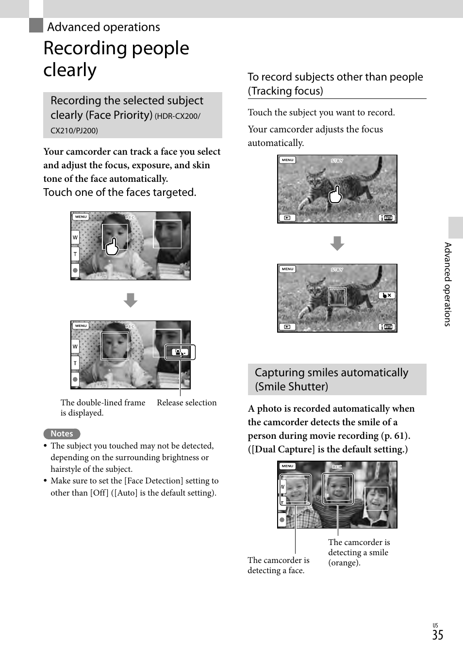 Advanced operations, Recording people clearly, Capturing smiles automatically (smile shutter) | Sony HDR-CX190 User Manual | Page 35 / 155