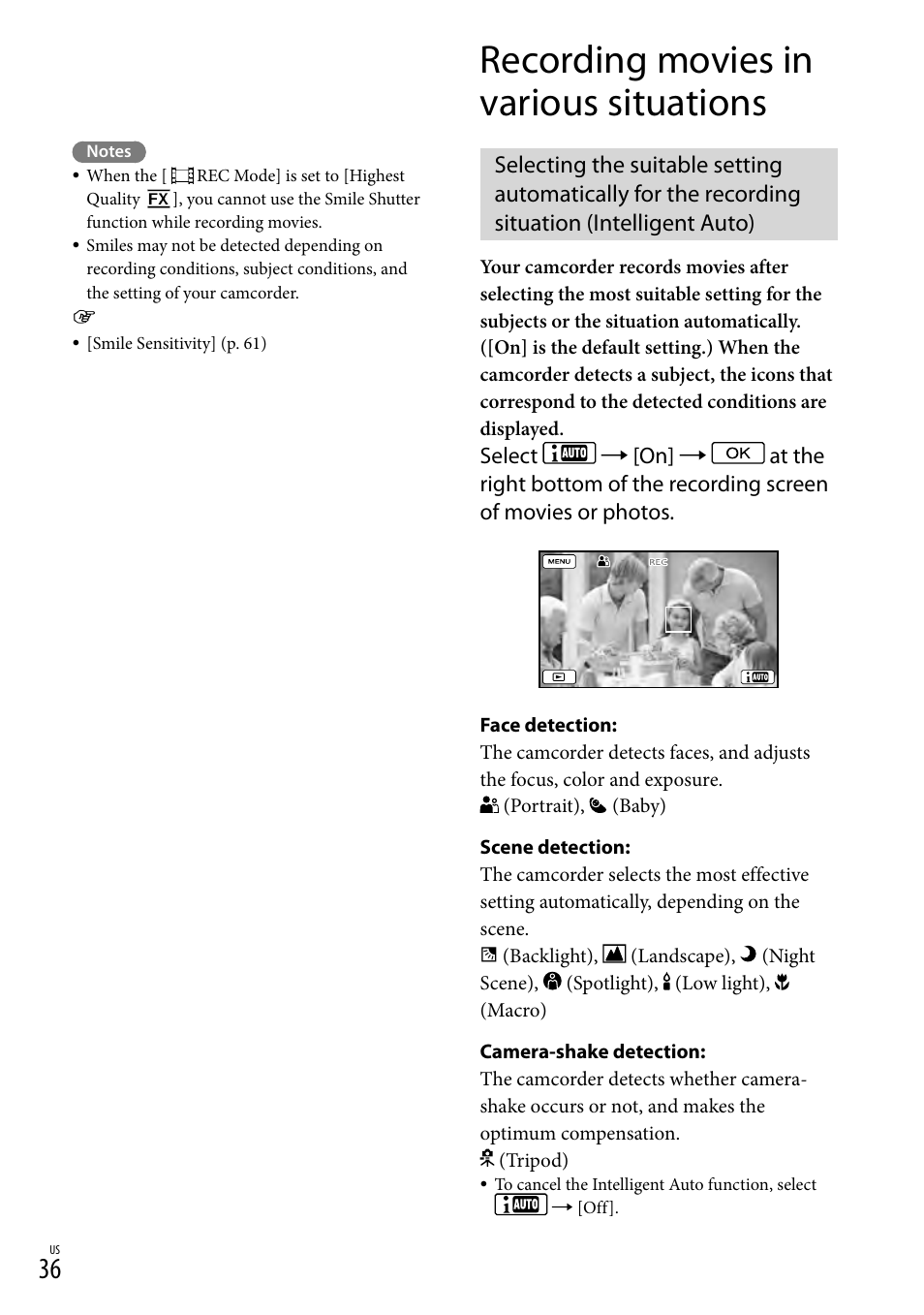 Recording movies in various situations, Intelligent auto), O (36) | N (36) | Sony HDR-CX190 User Manual | Page 36 / 155