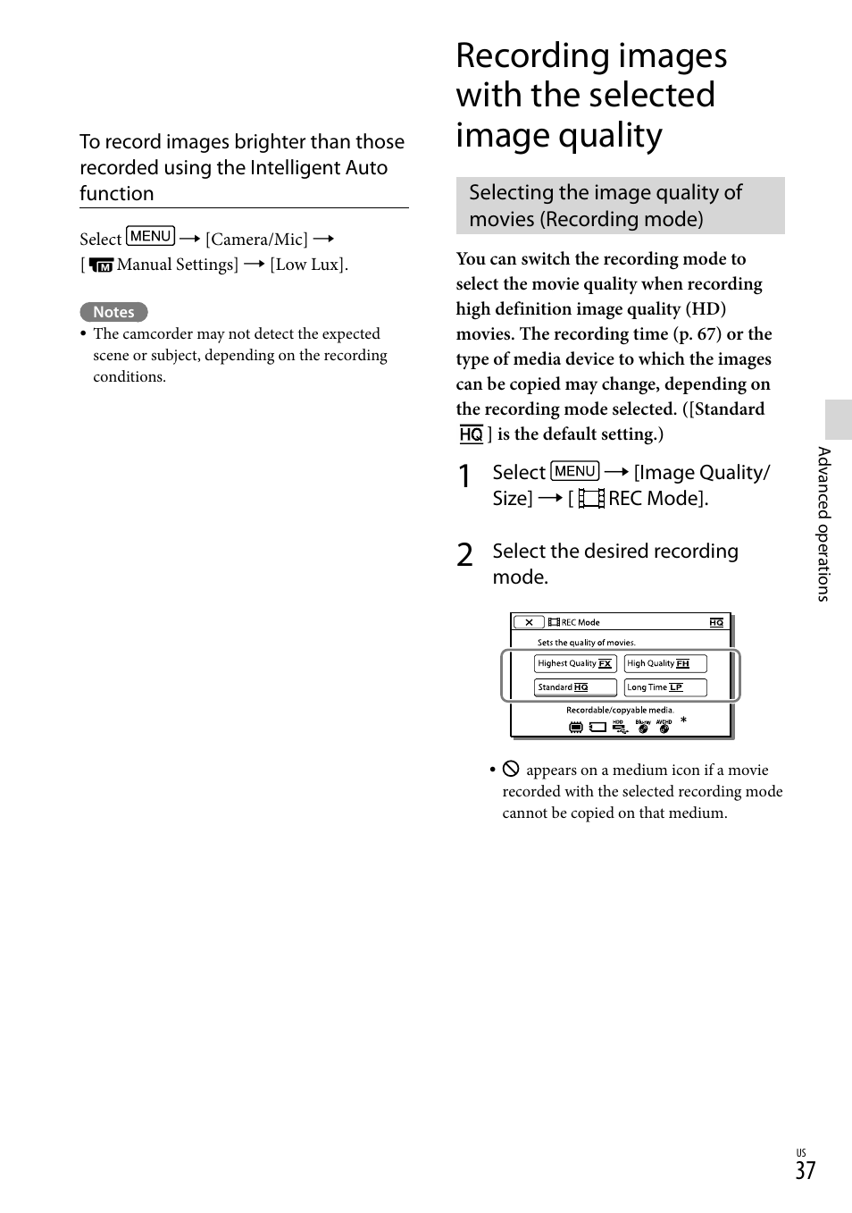 Recording images with the selected image quality, Q/lp) (37) | Sony HDR-CX190 User Manual | Page 37 / 155