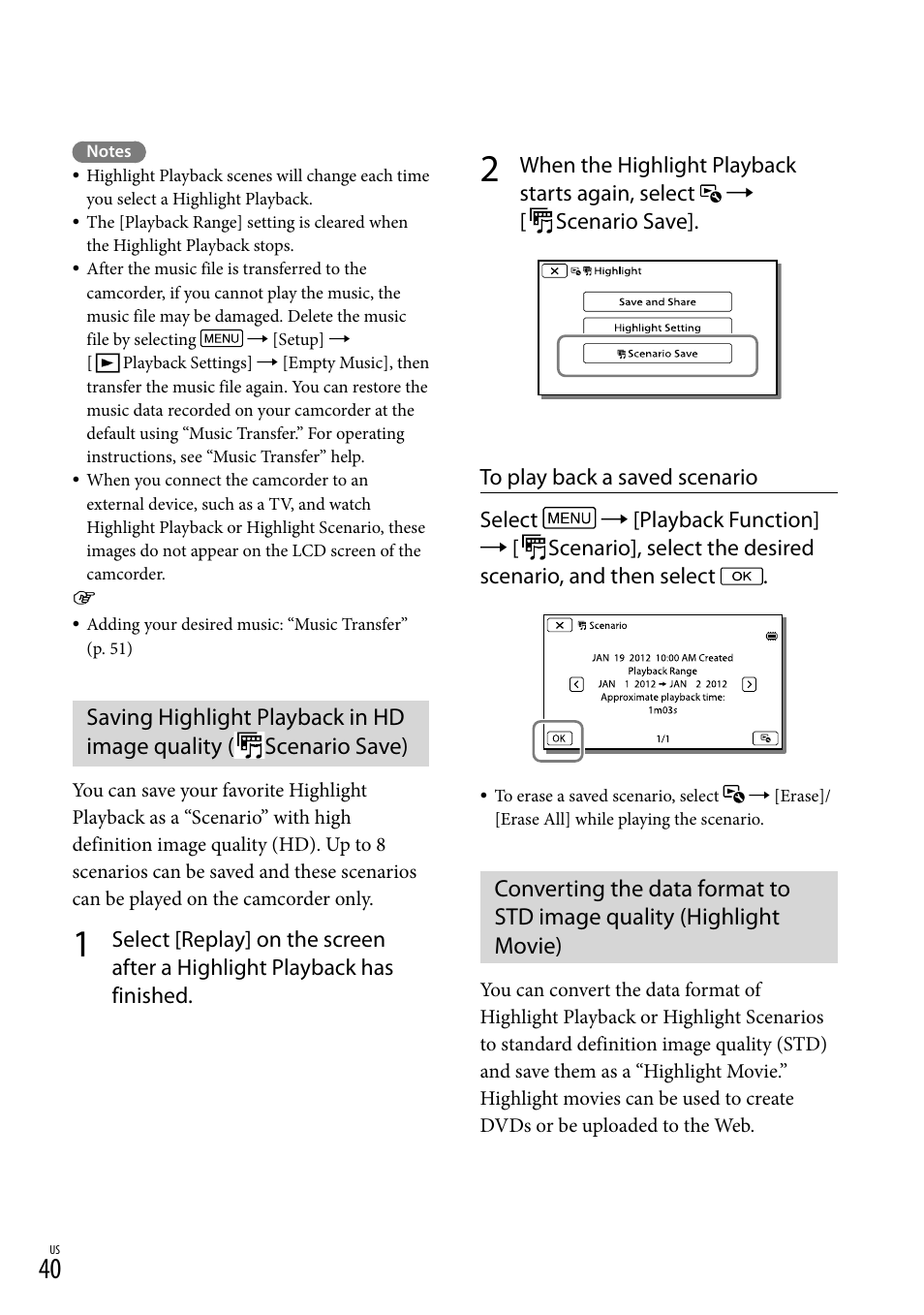 Saving highlight playback in hd image quality, Scenario save) | Sony HDR-CX190 User Manual | Page 40 / 155