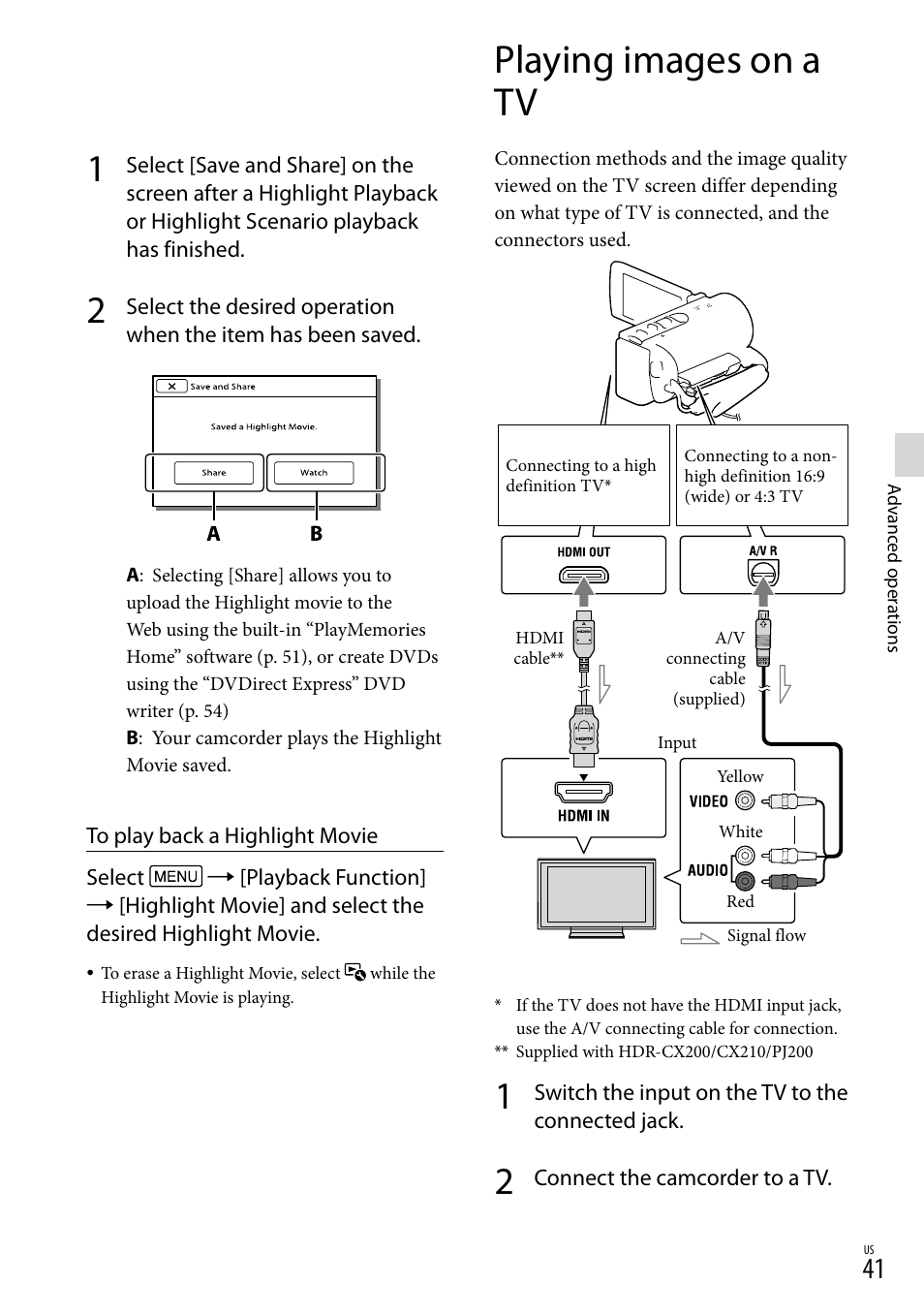 Playing images on a tv, Hdmi out jack (41), Or (41) | Sony HDR-CX190 User Manual | Page 41 / 155