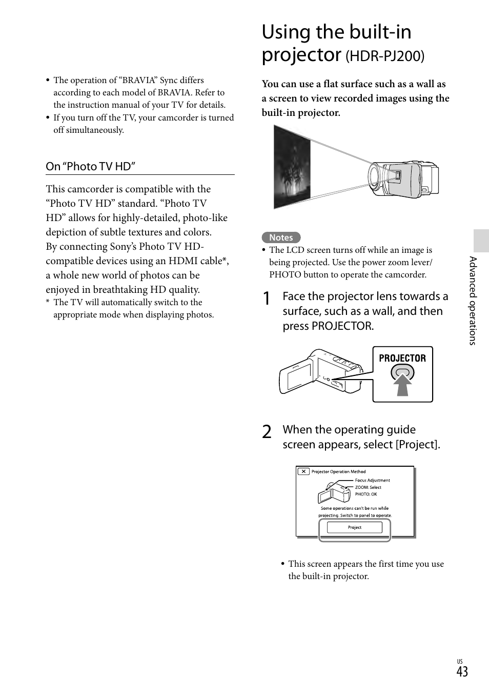 Using the built-in projector (hdr-pj200), Using the built-in projector, Hdr-pj200) | Er (43) (hdr, Or lens (43) (hdr-p, On (43) (hdr-p | Sony HDR-CX190 User Manual | Page 43 / 155