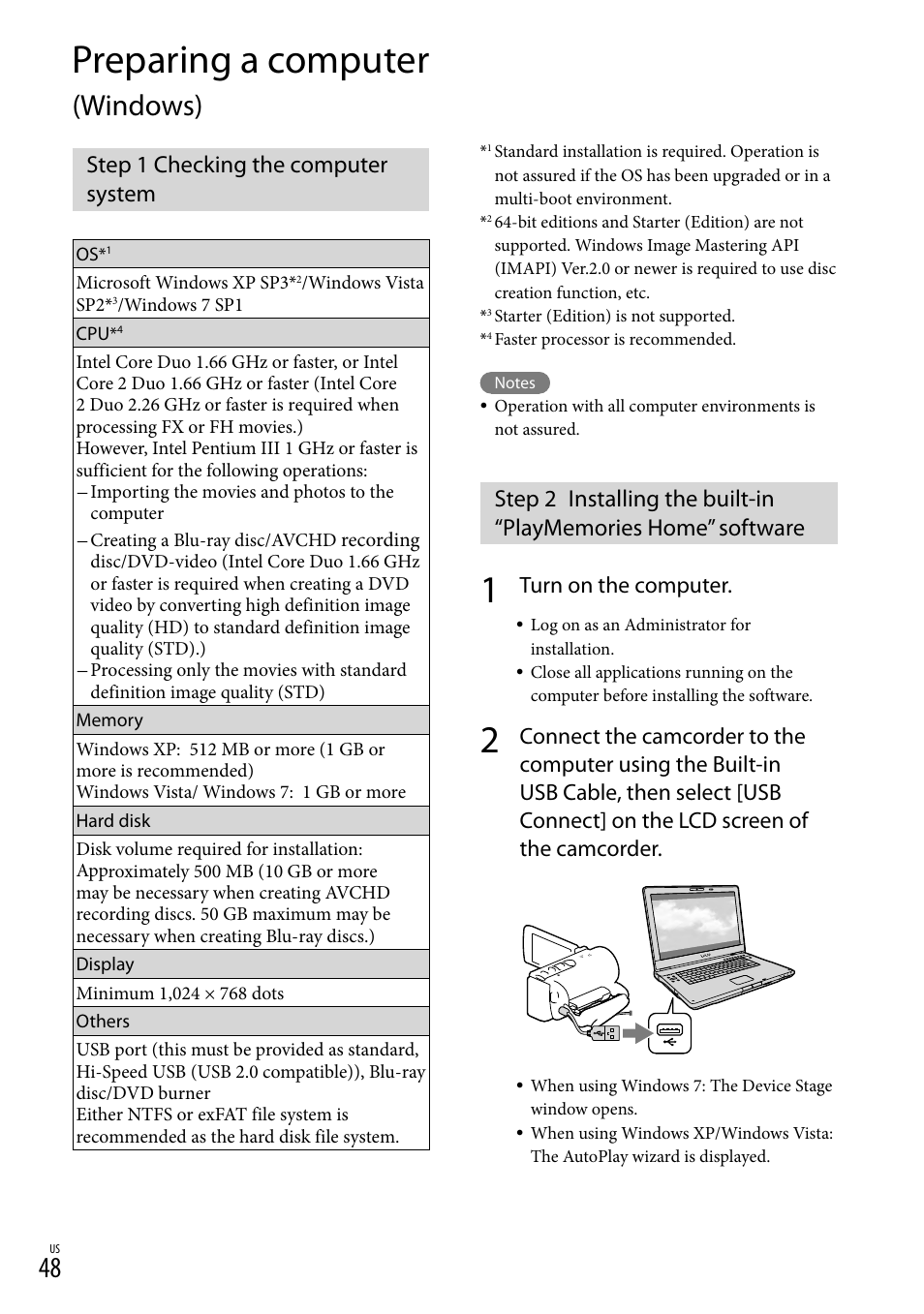 Preparing a computer (windows), Step 1 checking the computer system, Preparing a computer | Windows), Turn on the computer | Sony HDR-CX190 User Manual | Page 48 / 155