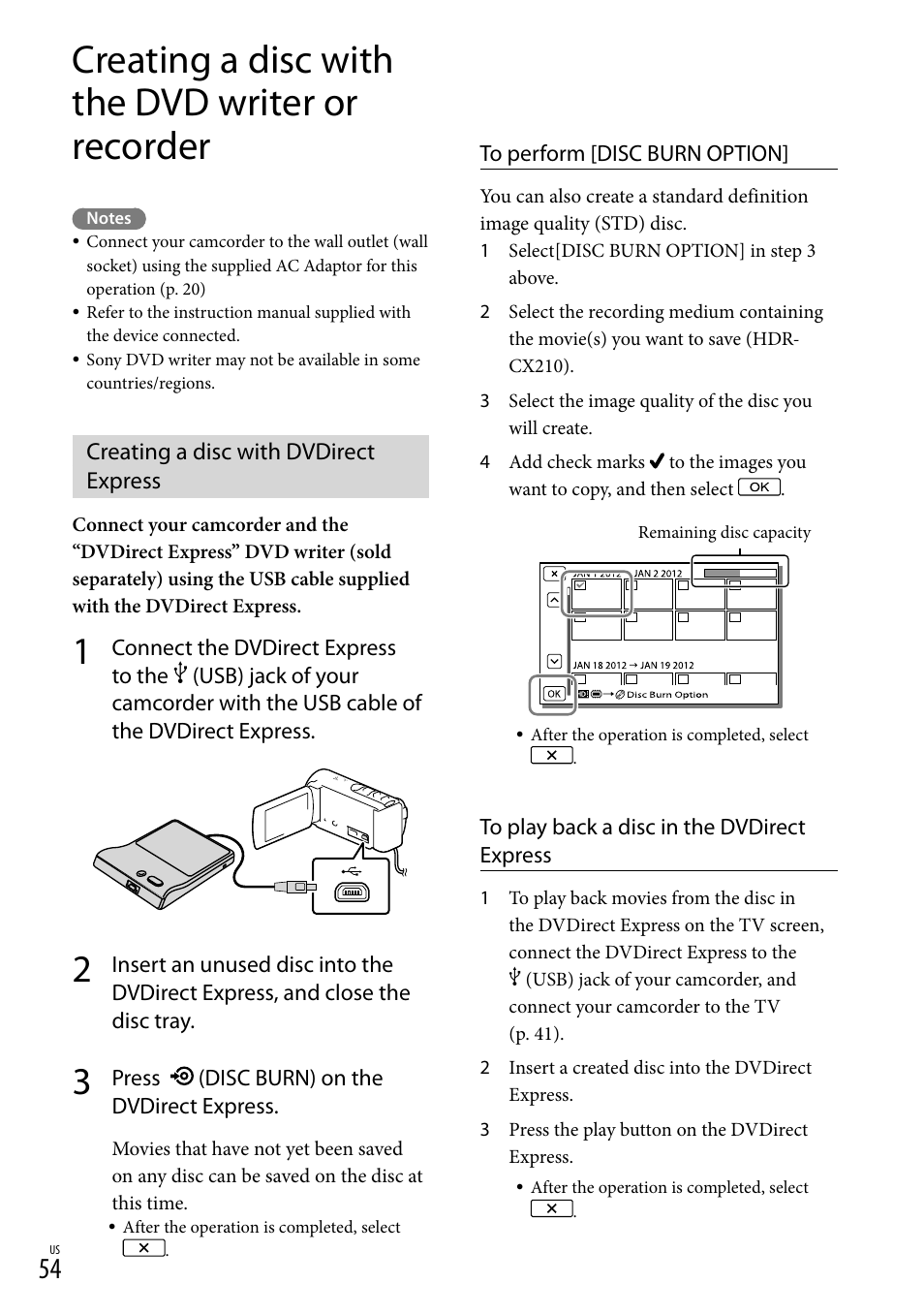 Creating a disc with the dvd writer or recorder, Creating a disc with dvdirect express, Usb) jack (54, 57) | Sony HDR-CX190 User Manual | Page 54 / 155