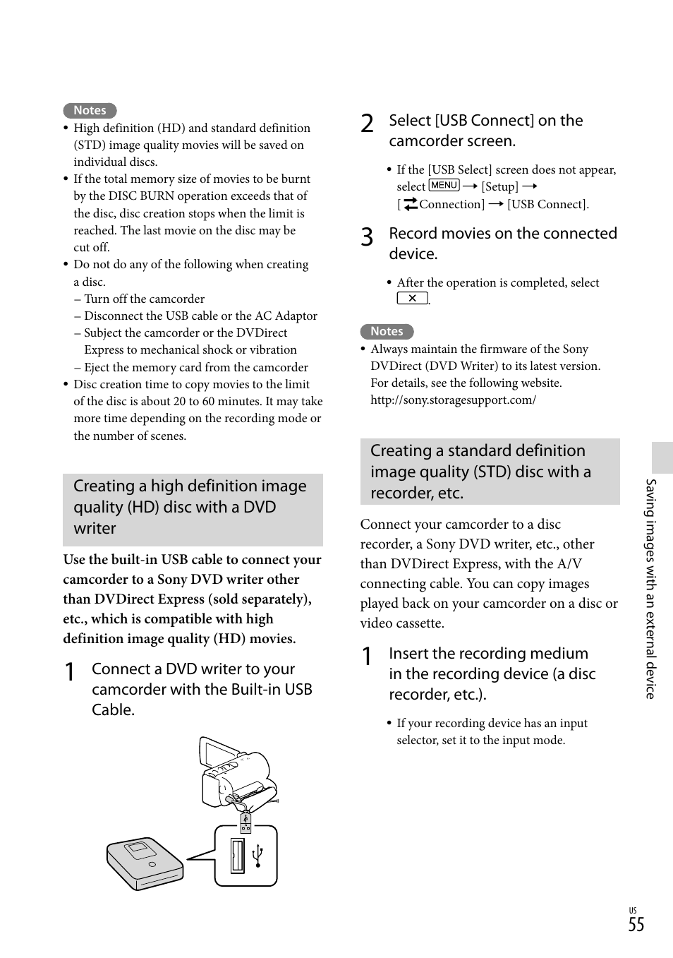 Recorder, etc, Select [usb connect] on the camcorder screen, Record movies on the connected device | Sony HDR-CX190 User Manual | Page 55 / 155