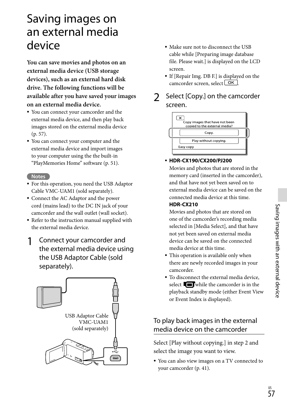 Saving images on an external media device, Select [copy.] on the camcorder screen | Sony HDR-CX190 User Manual | Page 57 / 155