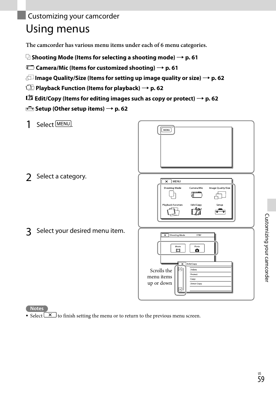 Customizing your camcorder, Using menus, N (59) | Sony HDR-CX190 User Manual | Page 59 / 155