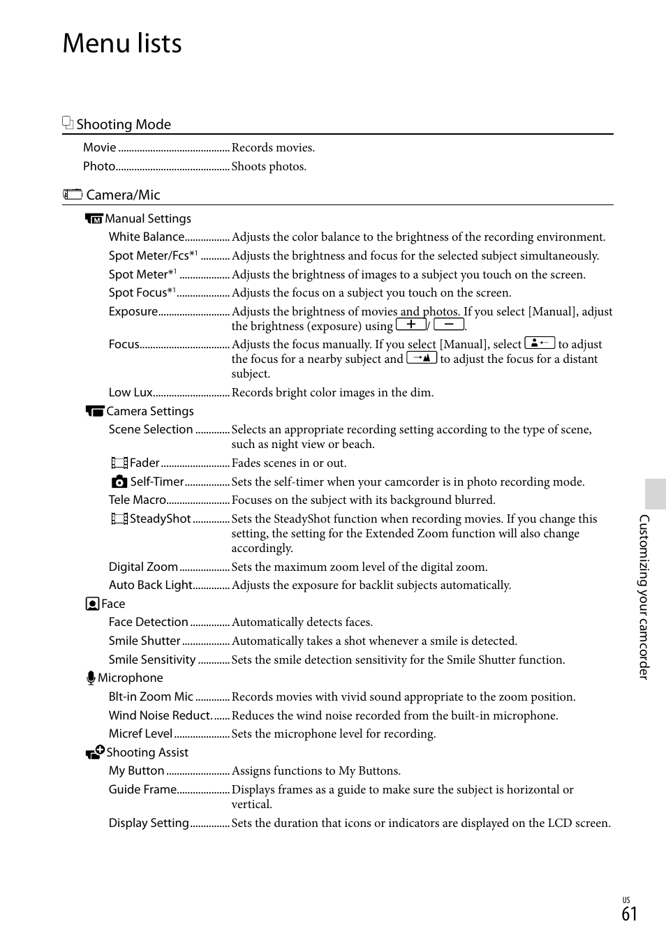 Menu lists, 61) a | Sony HDR-CX190 User Manual | Page 61 / 155