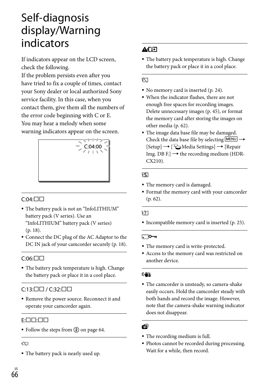 Self-diagnosis display/warning indicators, 66), and | Sony HDR-CX190 User Manual | Page 66 / 155