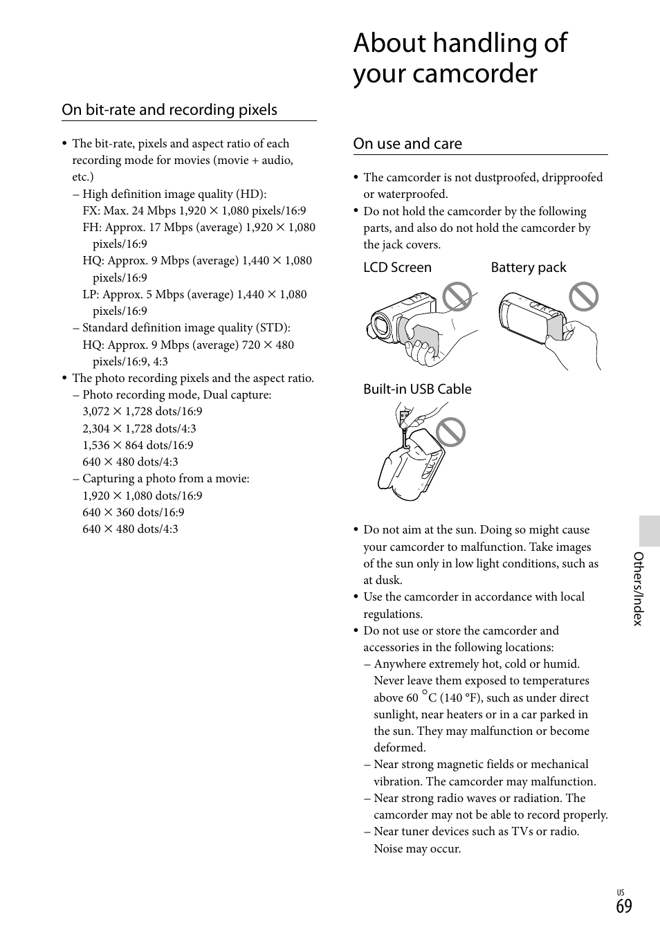 About handling of your camcorder, On use and care, On bit-rate and recording pixels | Sony HDR-CX190 User Manual | Page 69 / 155