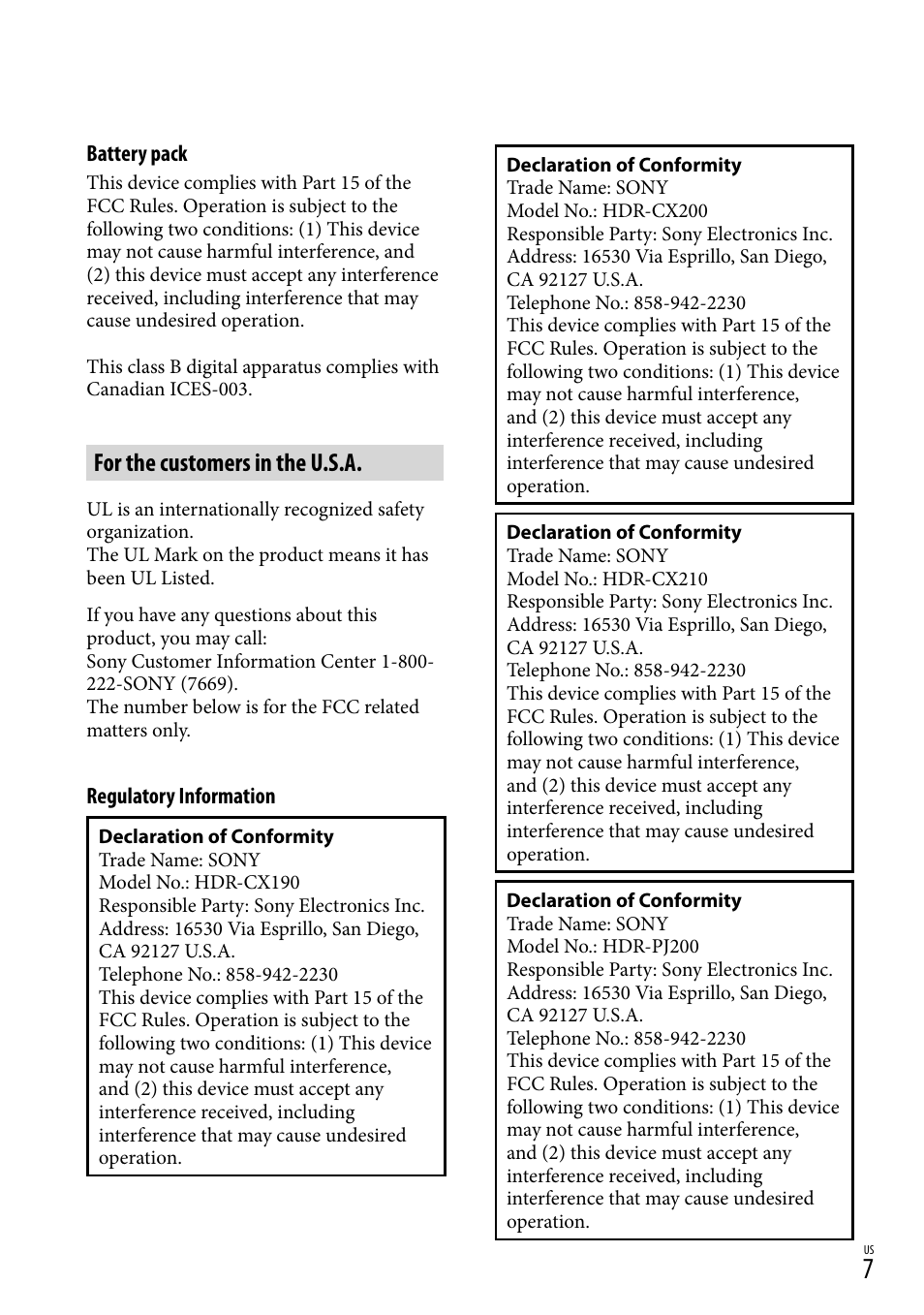 For the customers in the u.s.a | Sony HDR-CX190 User Manual | Page 7 / 155