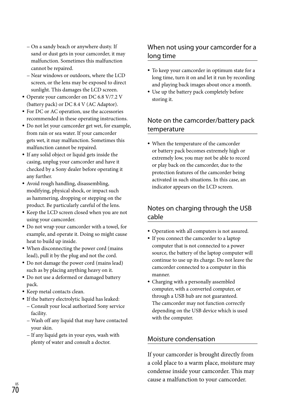 When not using your camcorder for a long time, Moisture condensation | Sony HDR-CX190 User Manual | Page 70 / 155