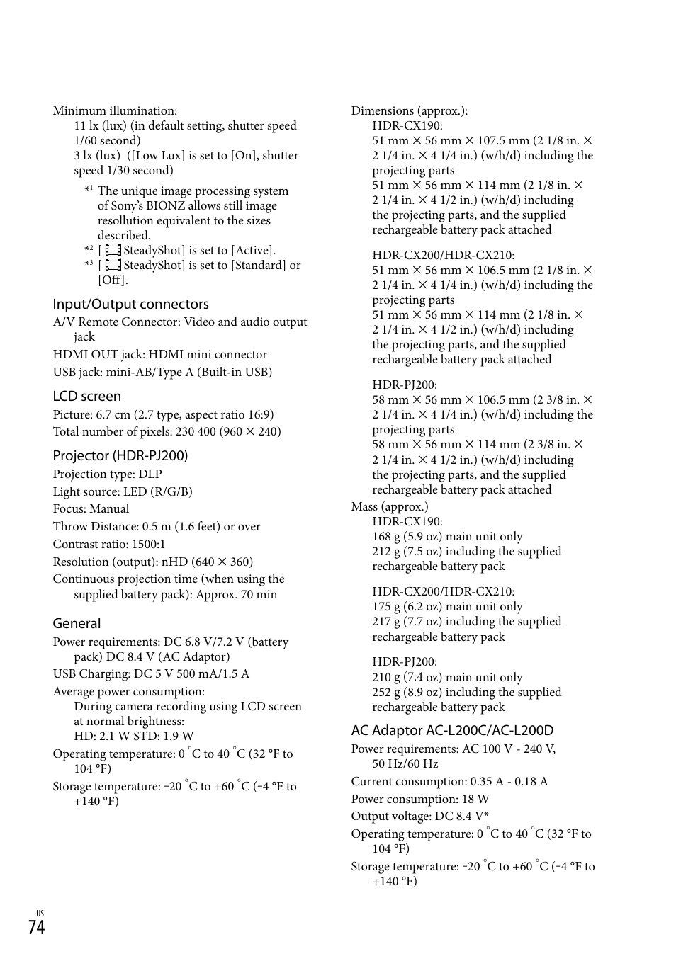 Input/output connectors, Lcd screen, Projector (hdr-pj200) | General | Sony HDR-CX190 User Manual | Page 74 / 155