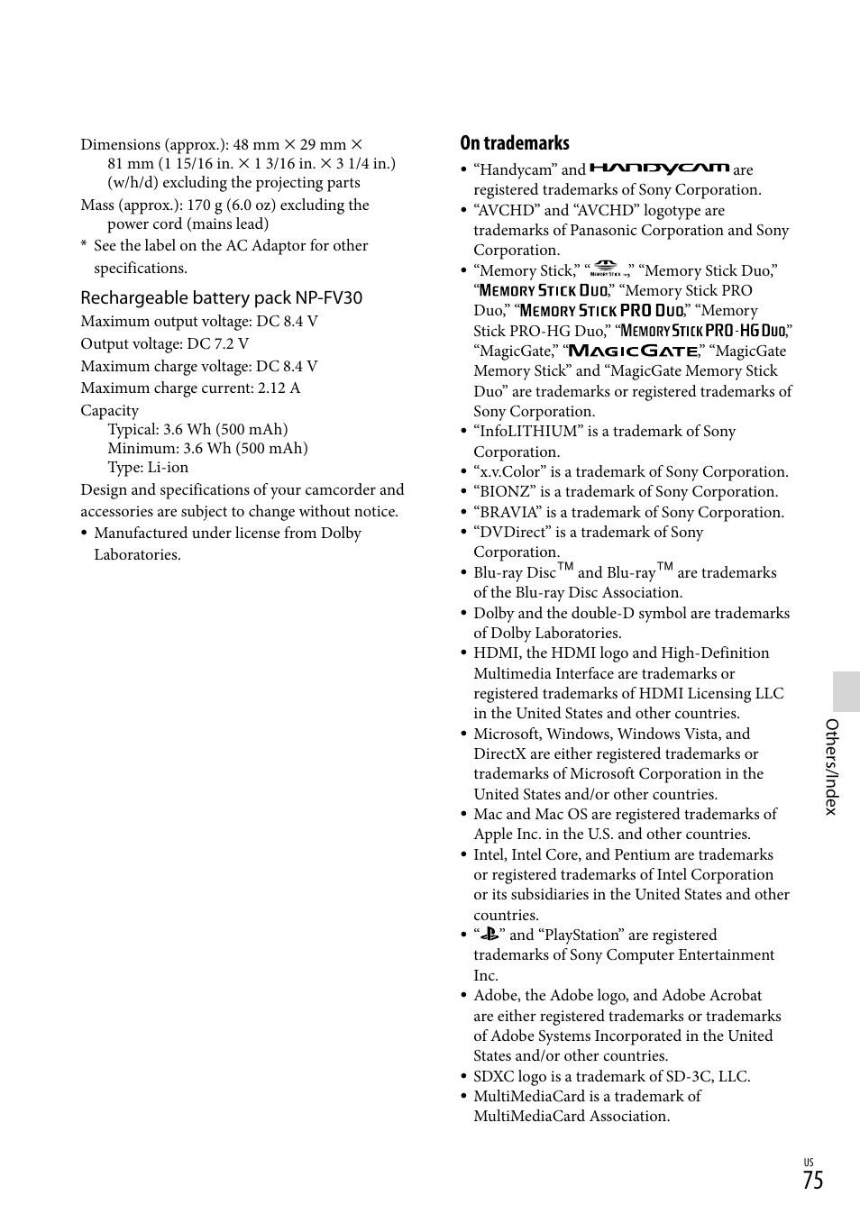 On trademarks, Rechargeable battery pack np-fv30 | Sony HDR-CX190 User Manual | Page 75 / 155