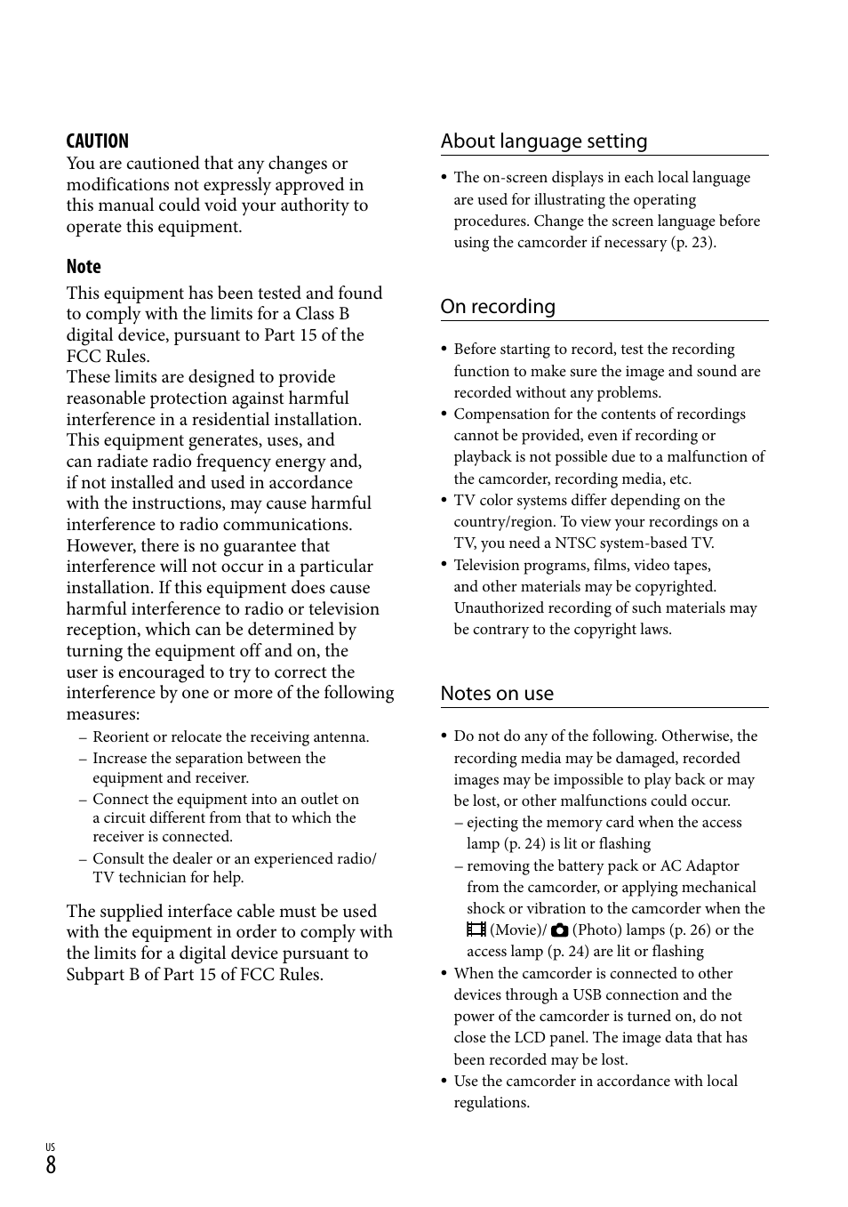 About language setting, On recording, Caution | Sony HDR-CX190 User Manual | Page 8 / 155